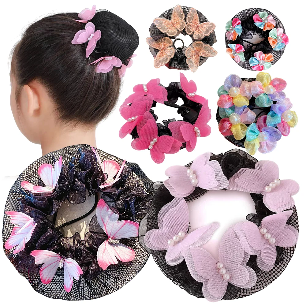 Kids Ballet Hair Net Pro Dance Bun Maker Dancing Competition Crystal Stage Headwear Pearl Butterfly Hair Accessories for Girls