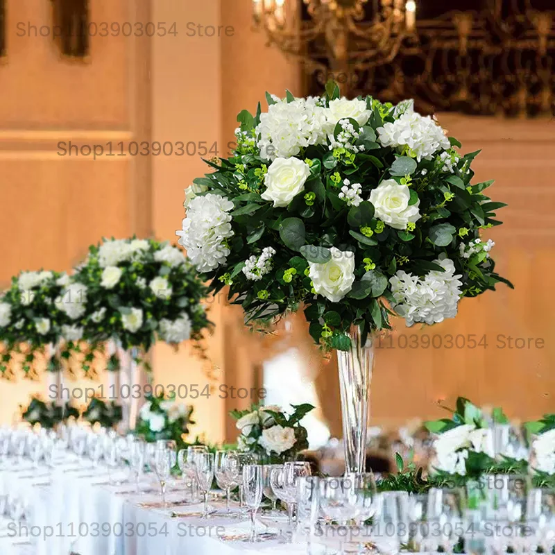 Green Plant Leaf Artificial Flower Ball White Rose Greenery Arrangement Wedding Table Centerpiece Flower Road Lead Decor props