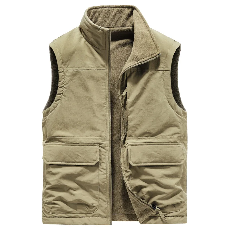 Thickened Fleece Lined Leisure Vest for Men Autumn Winter Double Sided Wear Large Size Workwear Casual Stand Collar Jacket