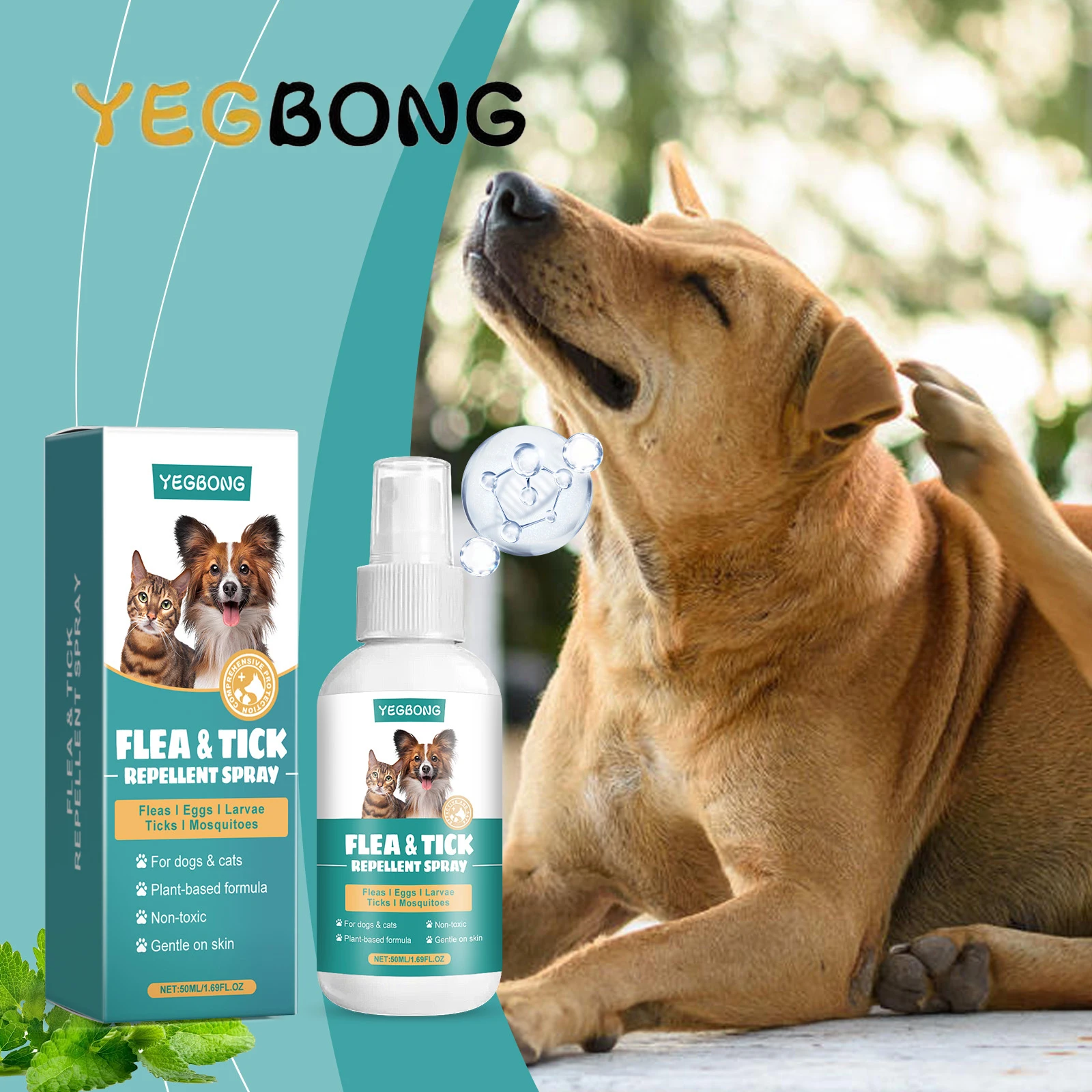 YEGBONG 50ML Pet Flea Control Spray for Dogs Cats Safe Daily Use Cleansing Repellent Anti External Veterinary Approved Formula