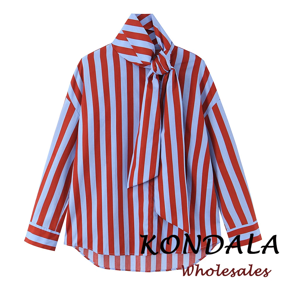 KONDALA Vintage Striped Bow Women Casual Asymmetric Shirt Fashion 2026 Spring Single Breasted Shirt Streetwear Chic Female Shirt