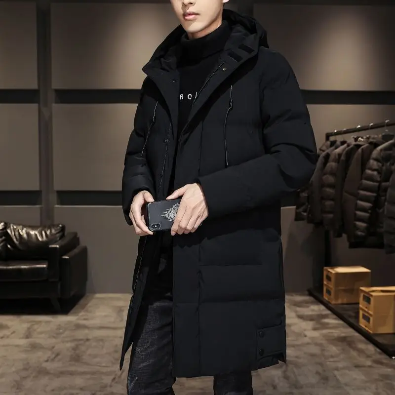 Korean Down Cotton Jacket Winter Lengthened Cotton Coat Men's Medium-length Knee Thickened Hooded Cotton Clothing