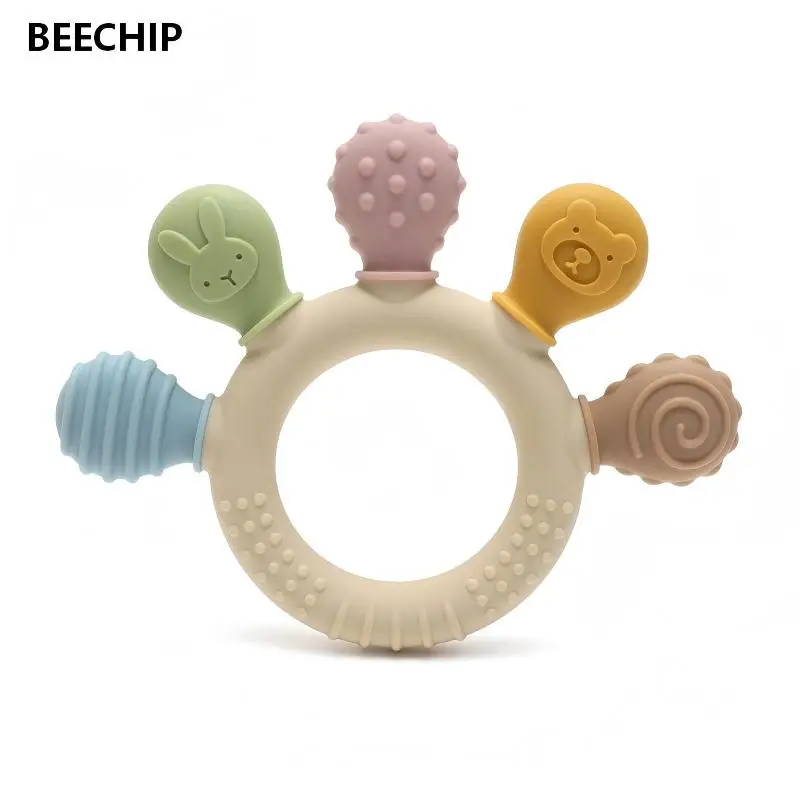 New hand multicolor Silicone Baby Ring Teether Anxiety Teething Toys 0-12 Months Chew Beads Sensory Gum Relief Soother Baby