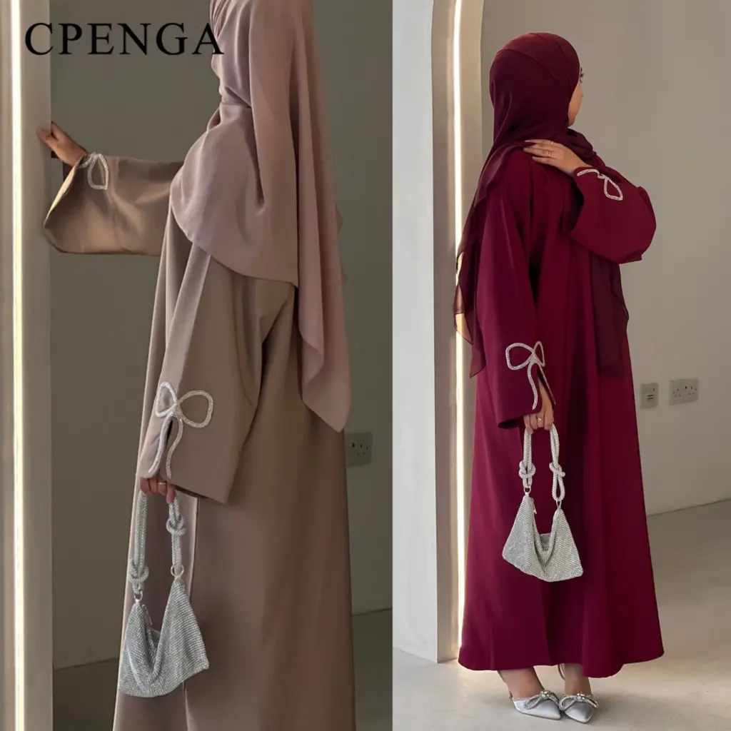 Luxury Studded Dubai Abaya Dress for Women Eid Arabic Muslim Modest Outfit Islam Crystal-embellished Bow Sleeve Robe Turkey Robe