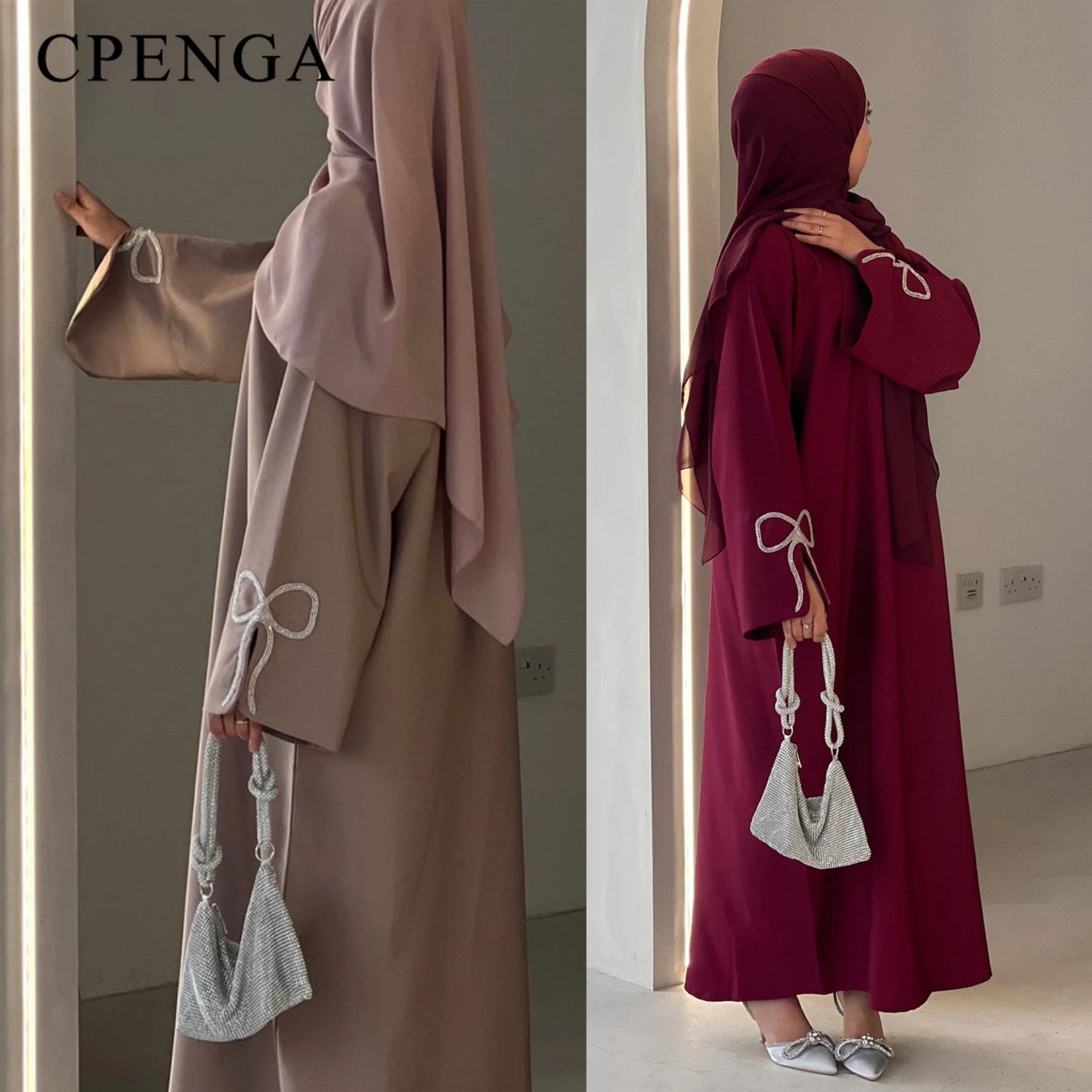 Luxury Studded Dubai Abaya Dress for Women Eid Arabic Muslim Modest Outfit Islam Crystal-embellished Bow Sleeve Robe Turkey Robe