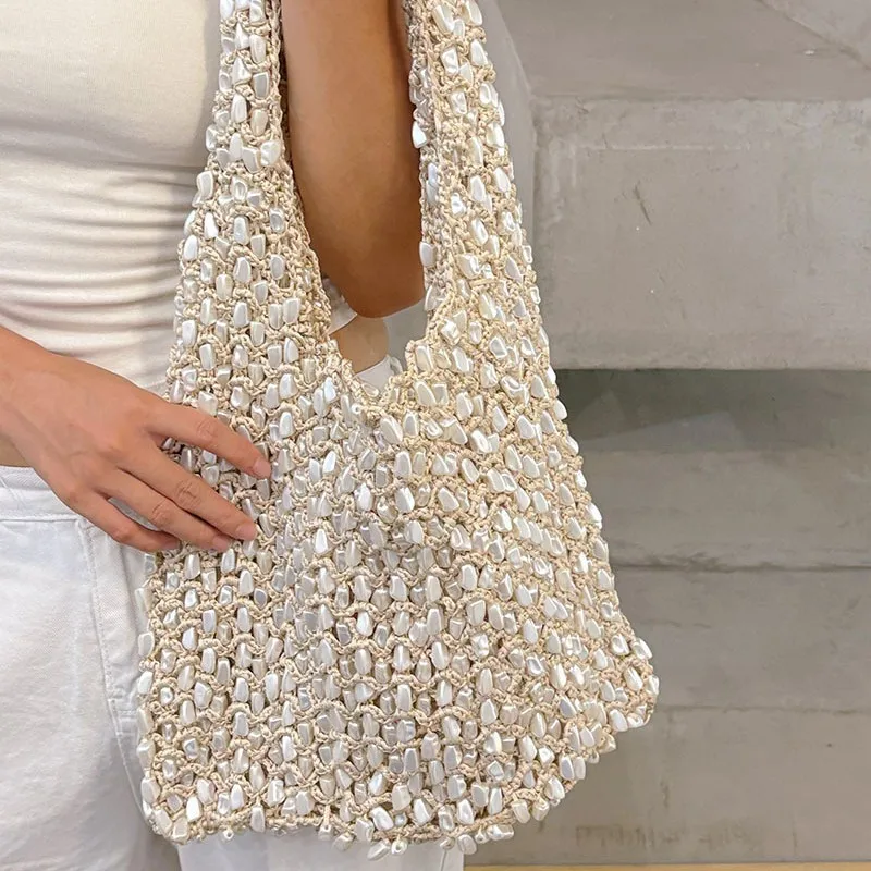Fashion Versatile Pearl White Beading Bag Handheld Women Summer New Style Light Luxury Single Shoulder Underarm Bag