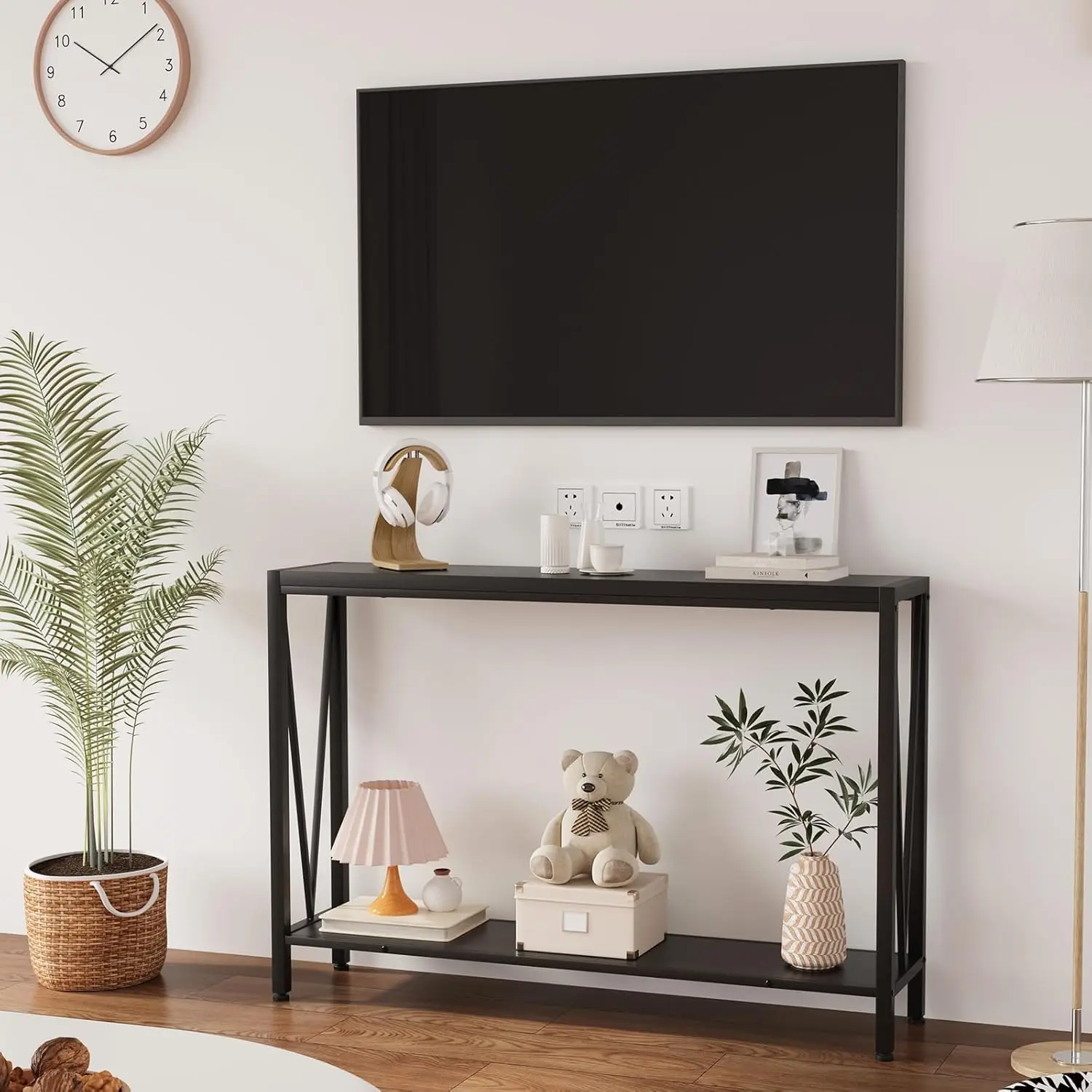 43.3 Inch TV Stand Entryway Table with 2-Tier Shelves Narrow Console Table for Hallway Living Room Sofa Modern Foyer Decor