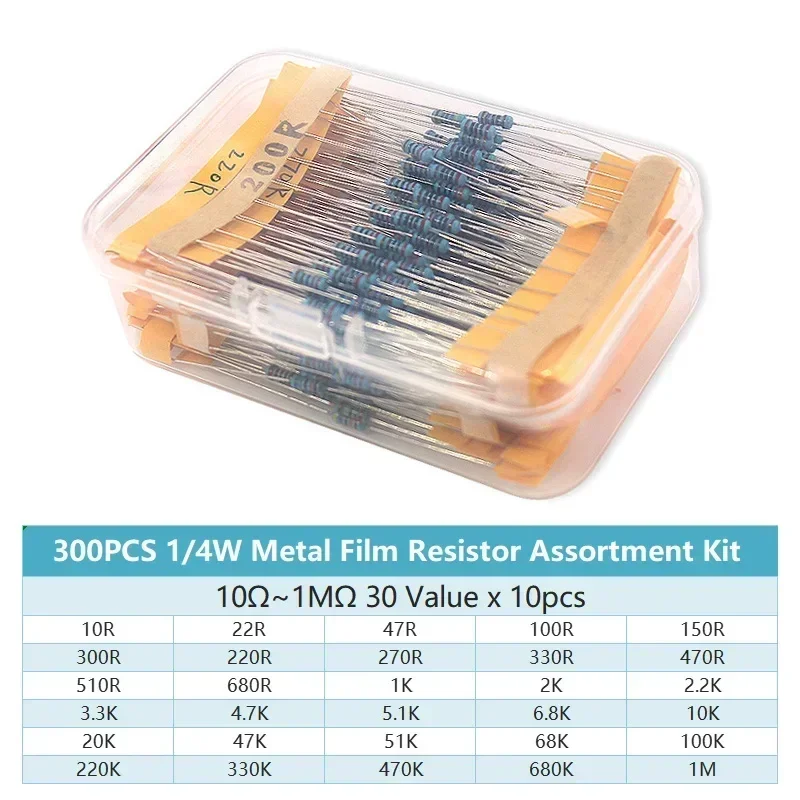 300/600PCS 30Values 1/4W Metal Film Resistor Kit with Box 10Ohm ~1M Resistance 1% Set of Resistors Film Resistor Kit box