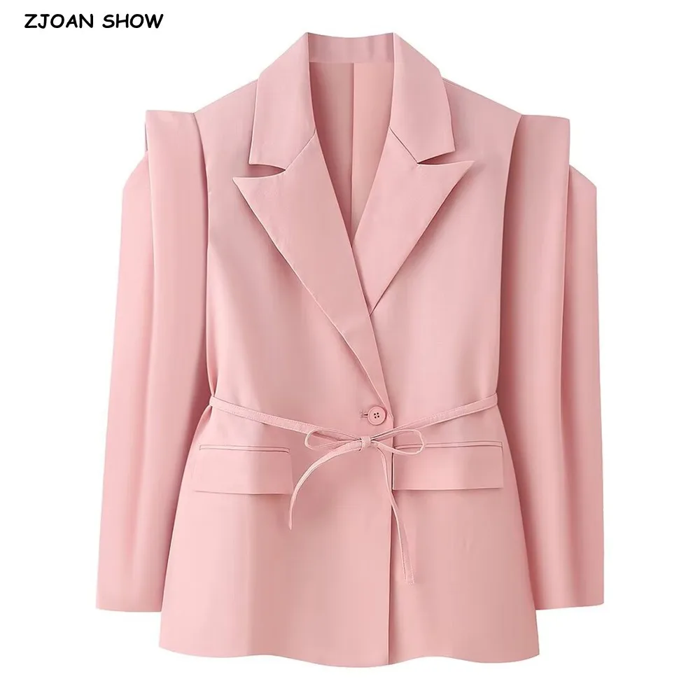 7 colors 2025 Autumn Lacing Up Bow Sashes Wide Shrug Shoulder Long Sleeve Blazer Chill Vintage Women Pockets Loose Suit Coat