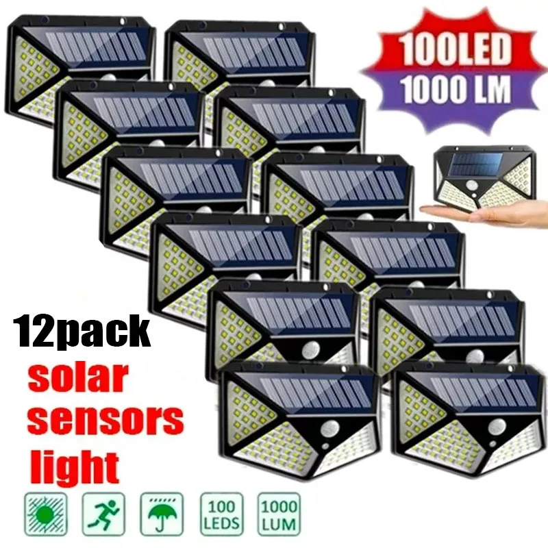 12Pack 100 LED Solar Wall Lamp With 3 Modes Security Motion Sensor Outdoor Waterproof Solar Lights for Yard Garage Deck Garden
