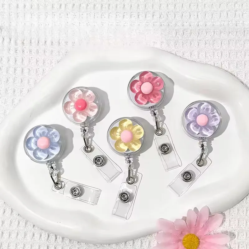 1pcs Cute Transparent Floral Badge Reel for Women Retractable ID Card Holder with Pull Buckle for Workers Doctors And Nurses