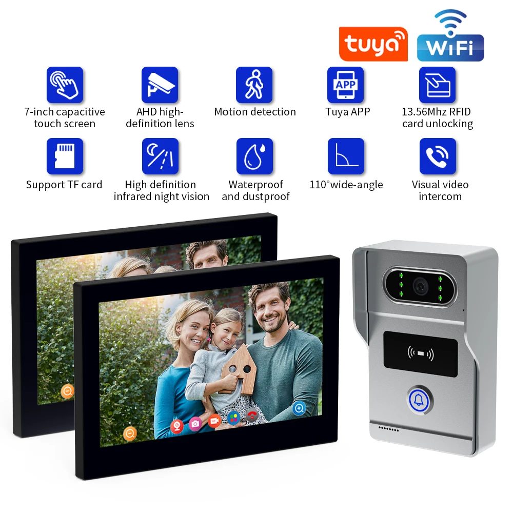 AHD8 Wireless Wifi Video Doorbell System, 1080P Doorphone Door Camera, 7 Inch Touch Screen, Video Intercom for Home 4 Wire