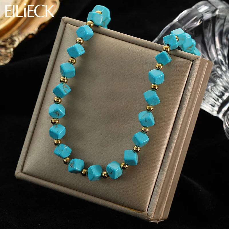 EILIECK 316L Stainless Steel Green Stone Necklaces Irregular Bead String Necklace Fashion Women's Vacation Jewelry Chain Chokers