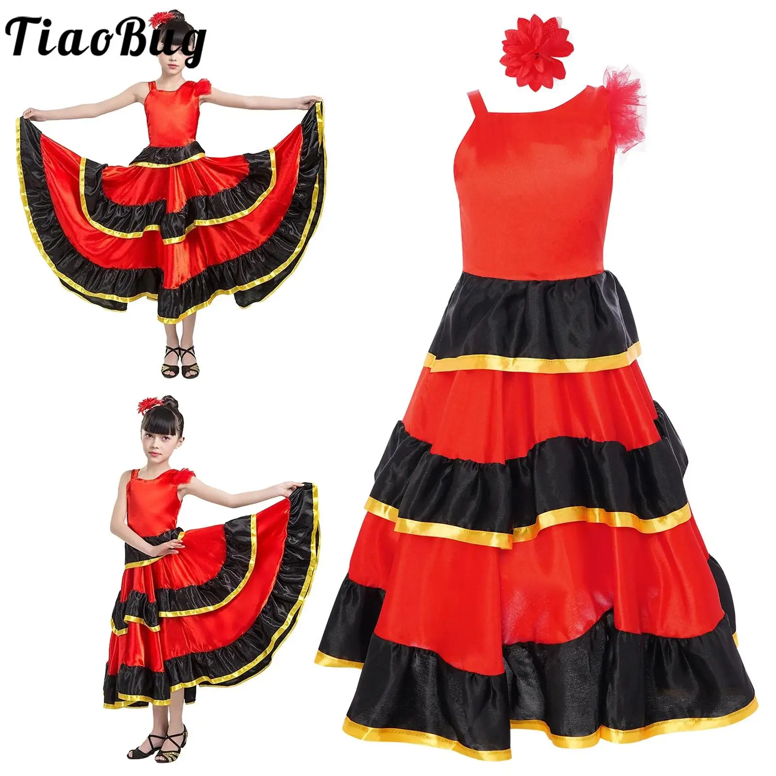 Kids Spanish Costume Girls Long Flamenco Ballroom Lyrical Dance Dress Tiered Ruffles Wide Hem Dance Dresses Performance Costumes
