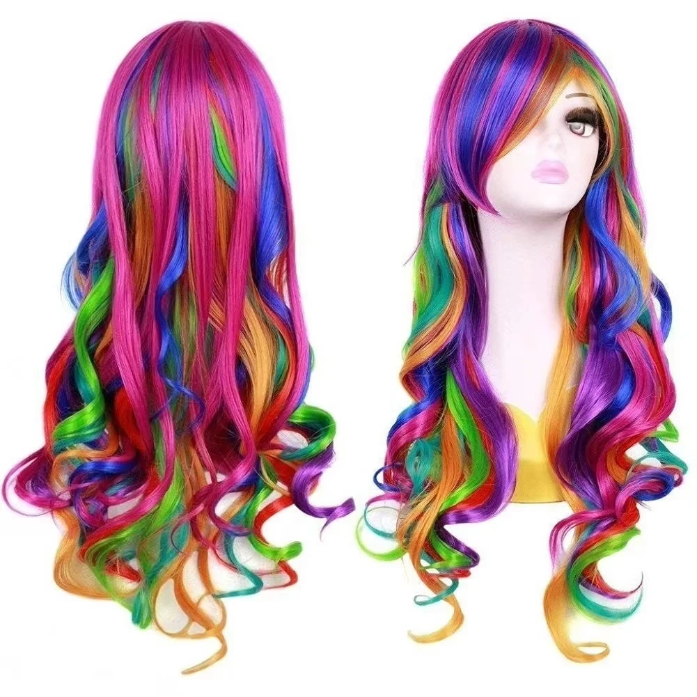 New trendy synthetic wigs in rainbow colors, long hair for parties, Halloween cosplay, high-temperature synthetic hair wigs