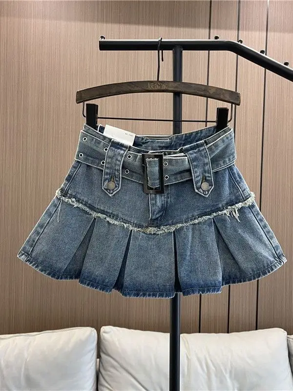 Spicy ort Skirt Women's A-Line Pleated Summer New Sle Denim Skirt High Waist Cotton Gauze Pleated Knee-Length Skirt