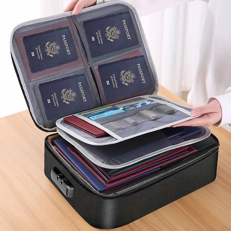 Fireproof Black Document Bag , Water-resistant Zipper Portable LaptopFiles Certificates Organizer Box , Multi-compartment File