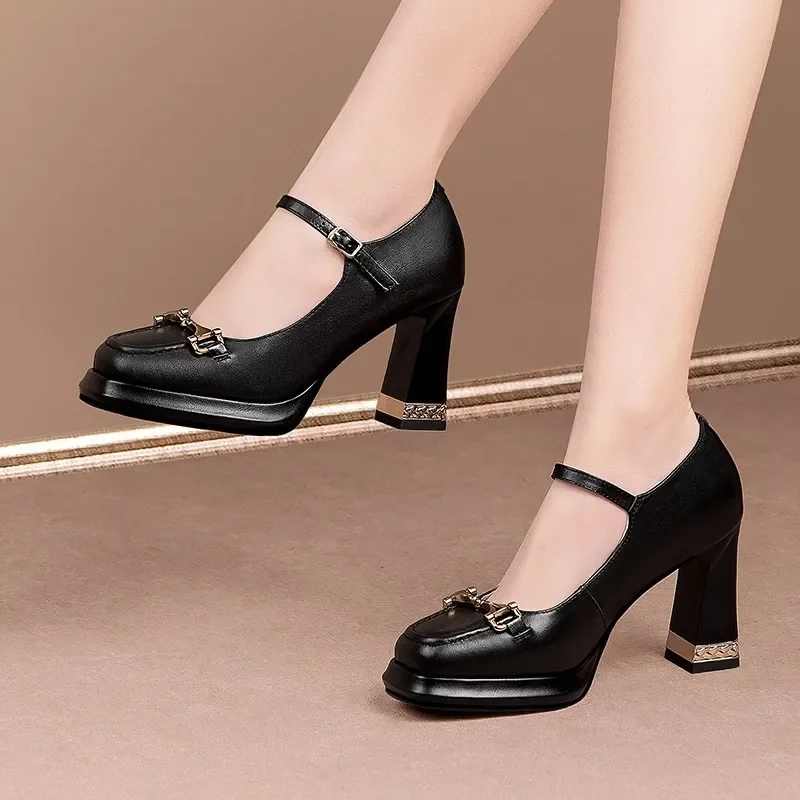 Women's Mary Jane High Heel Work Shoes 2025 New Style Leather Thick Heel Buckle Square Head Fashionable Slip-On Single Shoes