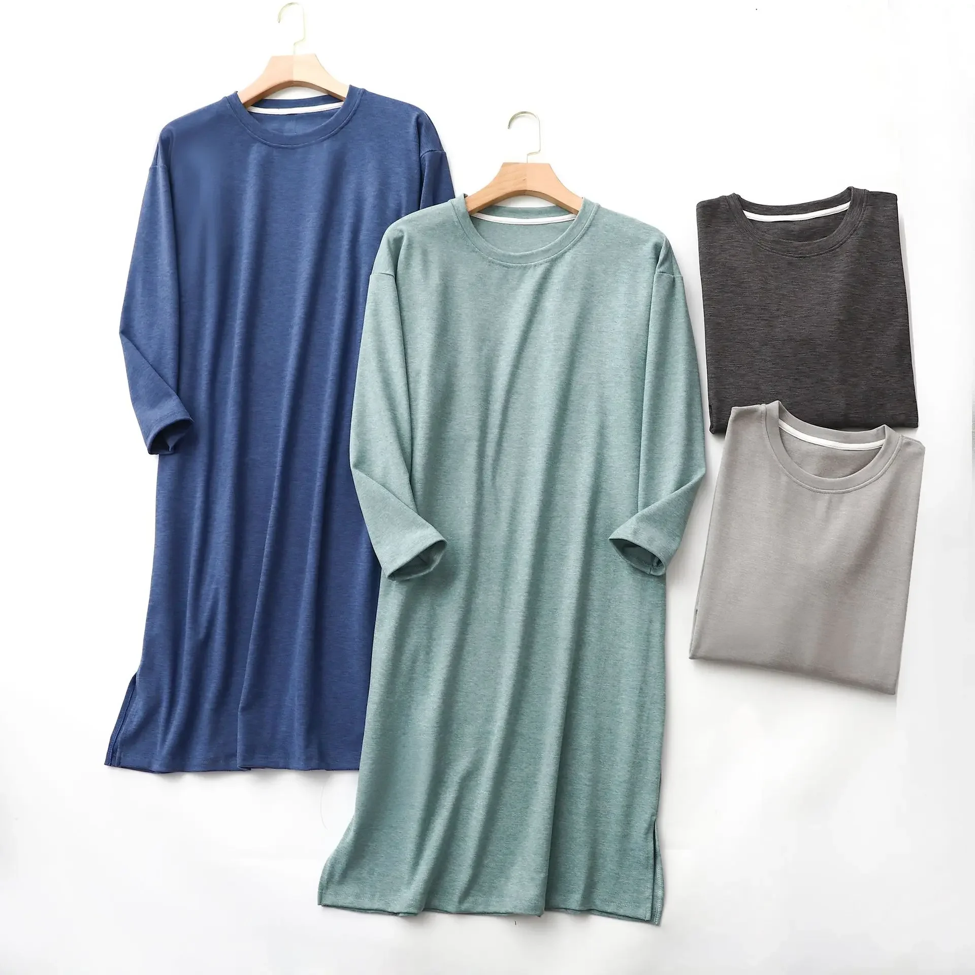 Autumn and Winter Thickened Plain Men's Long Sleeved Plus Size One-piece Nightshirt Pajamas Home Clothes Men Sleep Night Dress