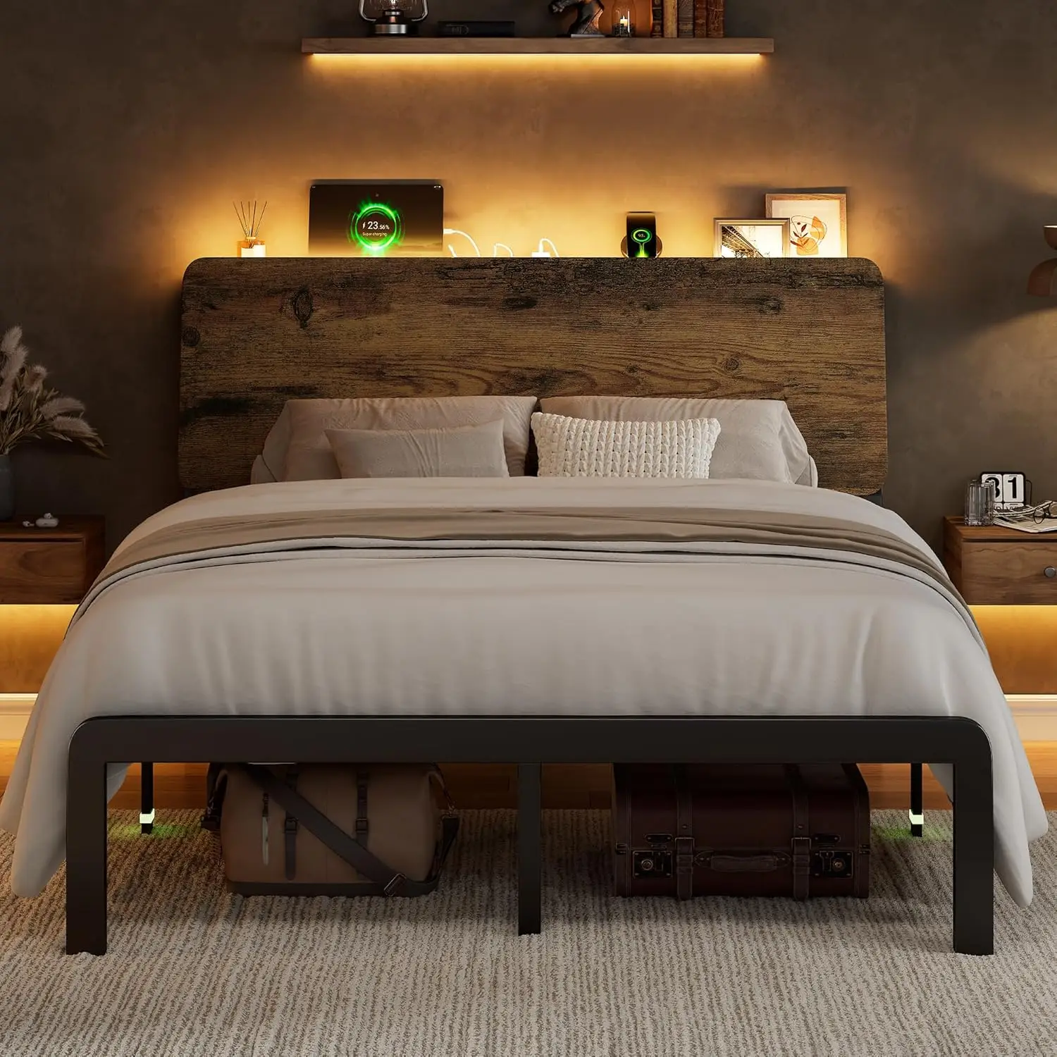 Queen Size Bed Frame with Adjustable LED Lights, Storage Headboard, Charging Ports, and Easy Assembly for a Rustic Look
