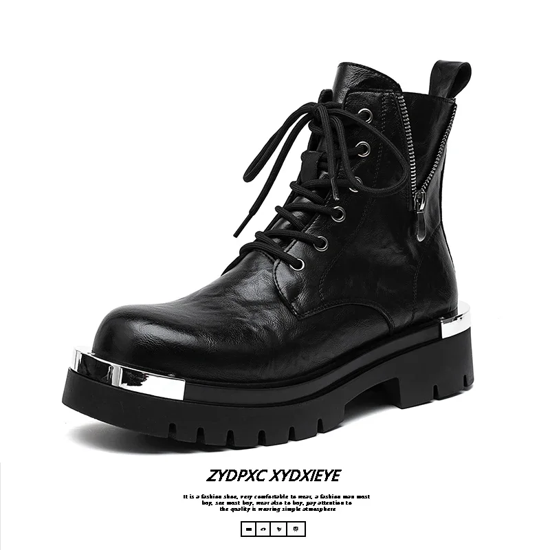 Men Ankle Boots Leather Platform Boots Motorcycle Shoes Side Zipper Rubber Soles Lace Up Punk Men Boots with Metal Decoration