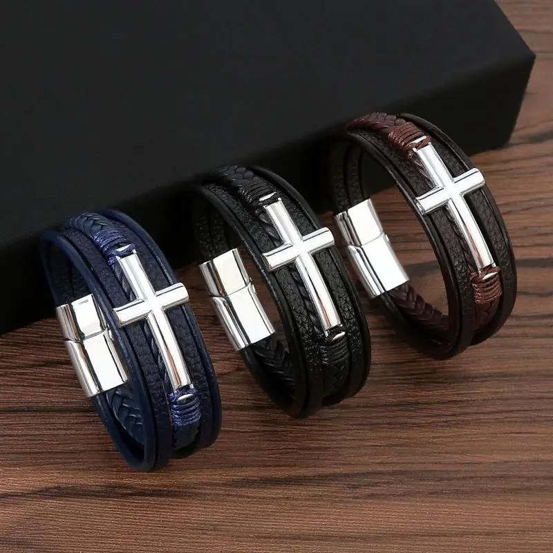Multicolor Cross Design Classic Metal Clasp Men's Leather Bracelet 19/21/23cm Choose Handsome Christmas Gifts Male Jewelry
