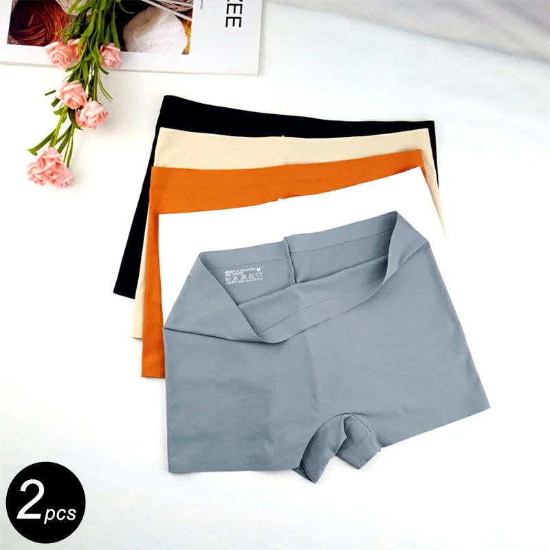 2pcs Seamless Women Boxers Underwear Ice Silk Shorts Solid Color Ladies Soft Boyshorts Plus Size M/L/XL