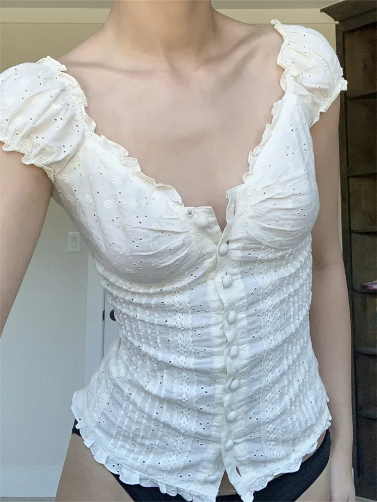 Women Blouse Short Sleeve Square Neck Button Down Summer Tops Retro Kawaii Fairycore Y2K Shirts Female