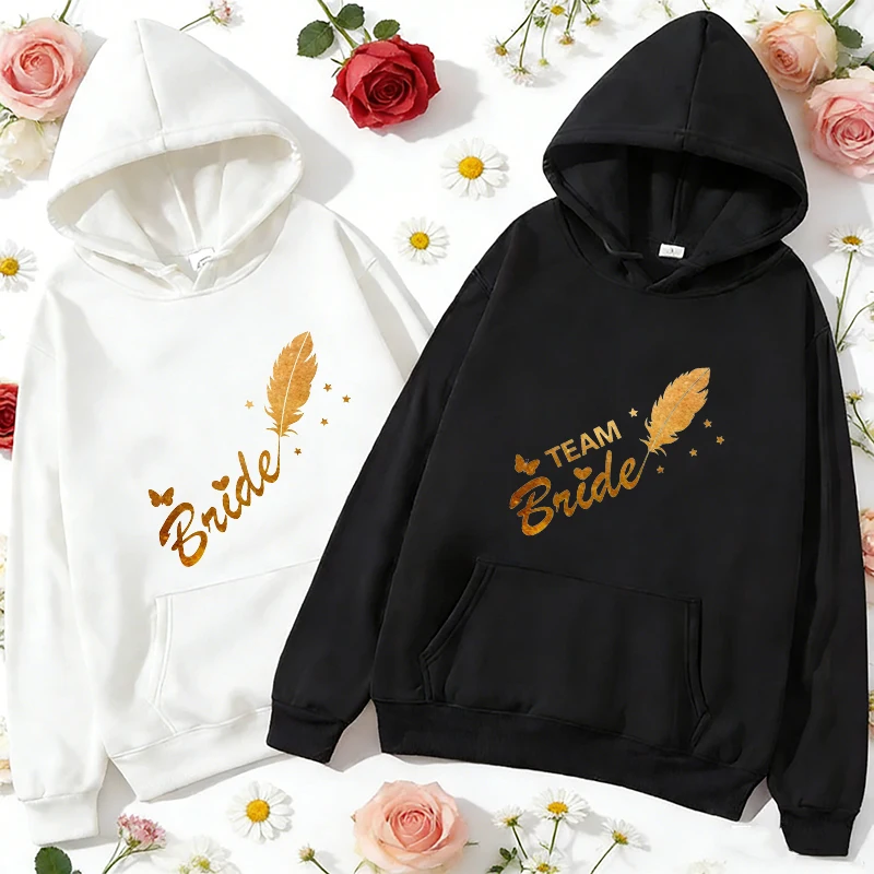 Bachelorette Party Eam Bride Hoodies, Gold Feather Graphic Bridal Party Tops, Women's Casual Hooded Sweatshirts for Bridesmaids