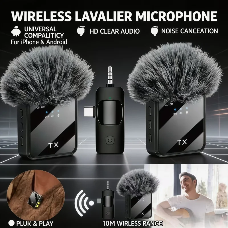 3-in-1microphone for Android/IOS Wireless Lavalier Microphone Video Recording Noise Reduction Live Streaming Clip-on Microphone