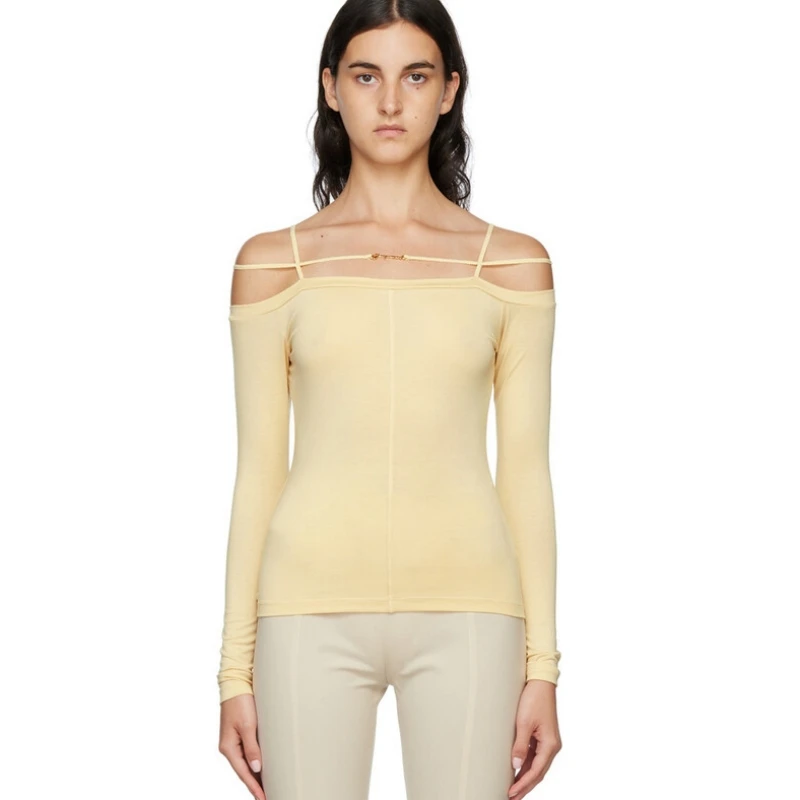 Ja Brand Design Off-shoulder Metal Letters Long Sleeved Cotton Elasticity T-shirt For Woman Slim Fit Tshirt Top Clothes