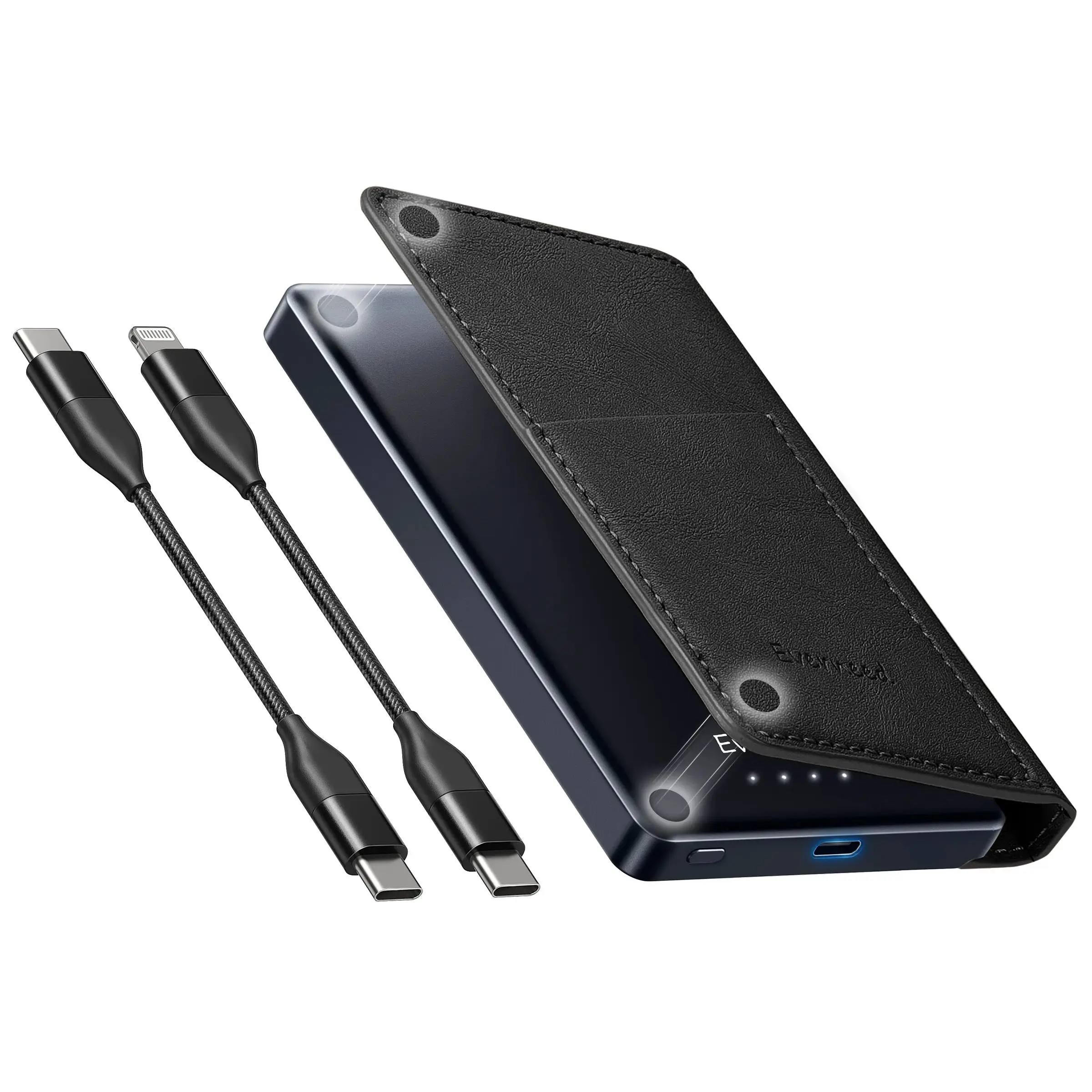 【PD 20W】Portable Power Bank with Wallet Case, 5000mAh Built-in Cable Fast Charging for Phone, USB-C, Slim portable charger
