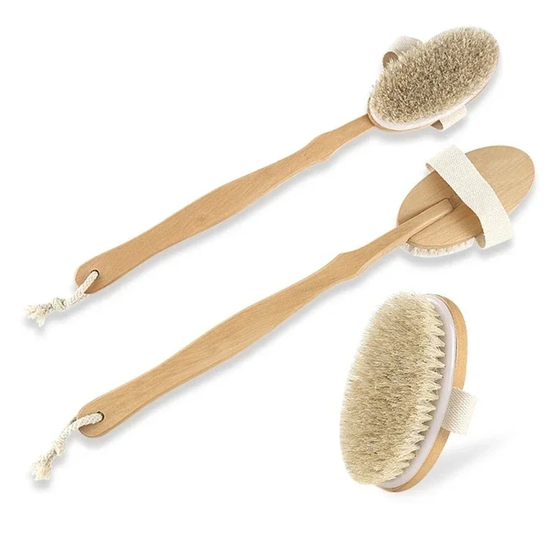 1× Natural Bristles Back Scrubber Shower Brush with Detachable Long Wooden Handle Dry Skin Exfoliating Body Massage Bath Brushes