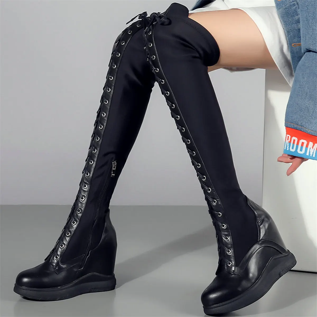 High Heel Pumps Plus Size 45 Shoes Women Big Size 46 Genuine Leather Wedges Over The Knee Boots Stretch Fabric Fashion Sneakers