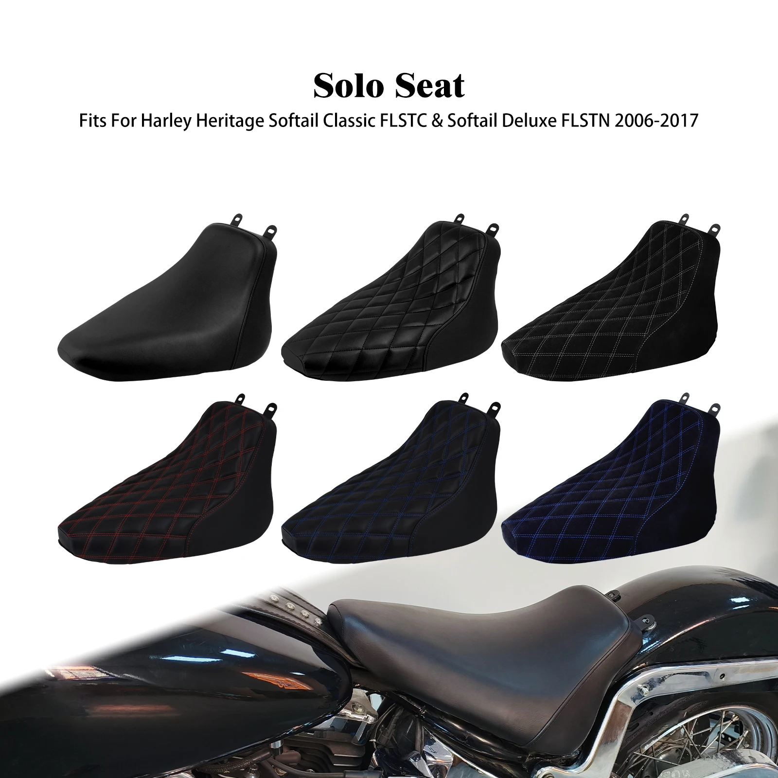 Motorcycle Front Driver Solo Seat Diamond Cushion Black Low Profile Seat For Harley Softail Heritage FLSTC Deluxe FLSTN 06-2017