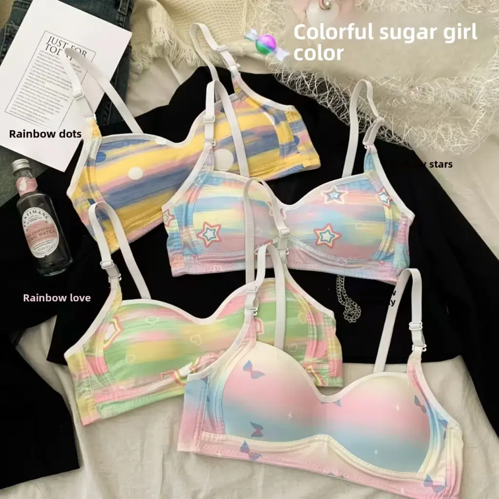 MOYISU Colorful Dopamine Traceless Bra Lingerie Women's Thin, Underwire Small Breasts Gather To Show Large Anti-sag Bra Sweet