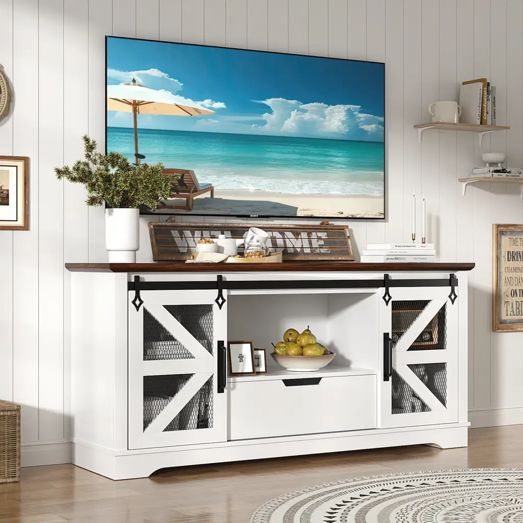 Modern TV Stand for TVs up to 60’’, Entertainment Center w/1 Drawer & 2 Storage Cabinets, Large Media Console Cabinet