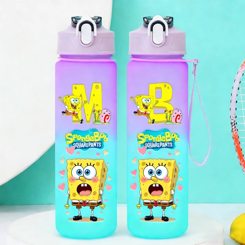 750ML SpongeBobs Gradient Water Bottle Cute Cartoon Letter A-Z Kids Straw Cup Large Capacity Portable Outdoor Sport Bottles