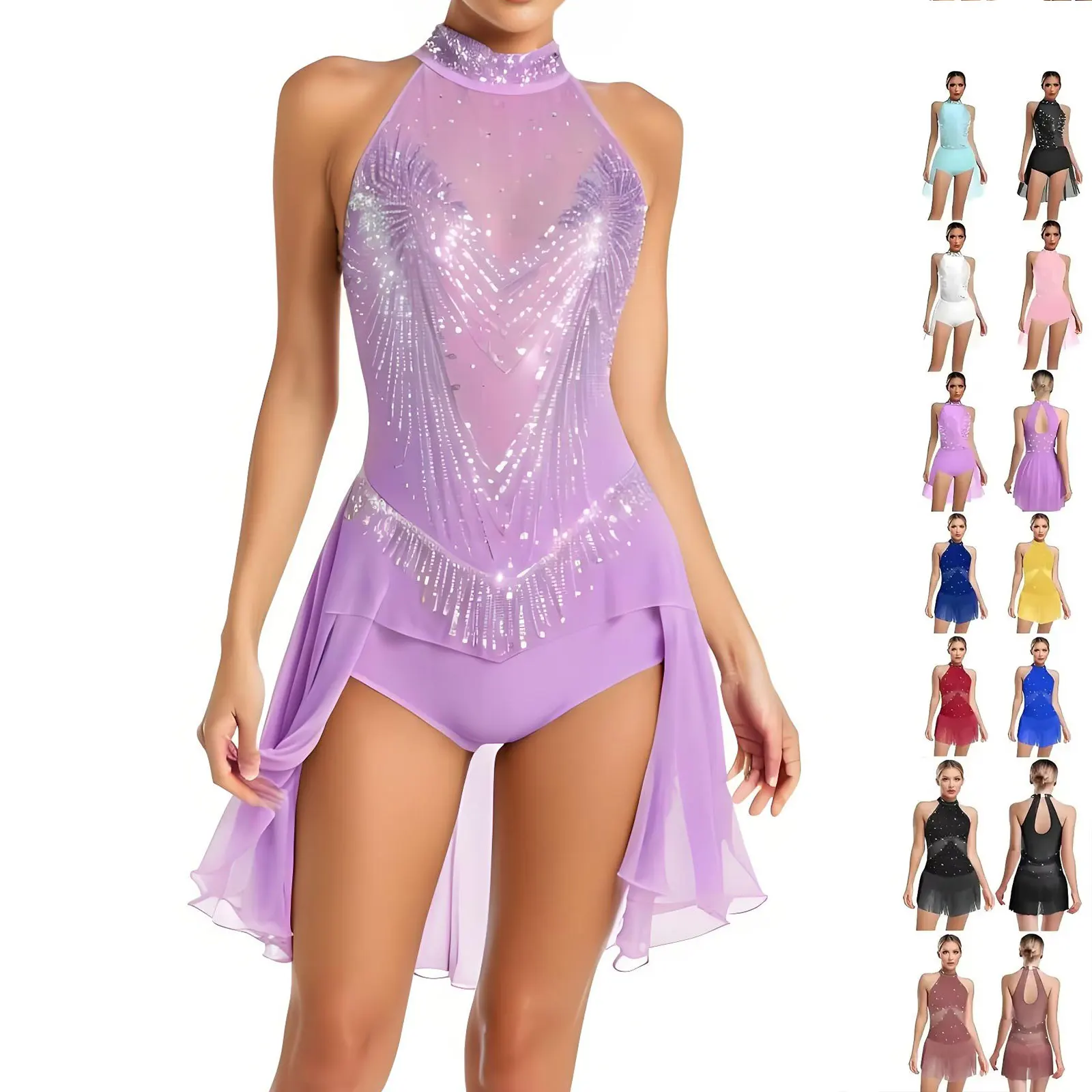 Women Applique Dance Leotard Dress Figure Skating Lyrical Dancewear One Piece Sleeveless Rhinestones Irregular Leotard Skirted
