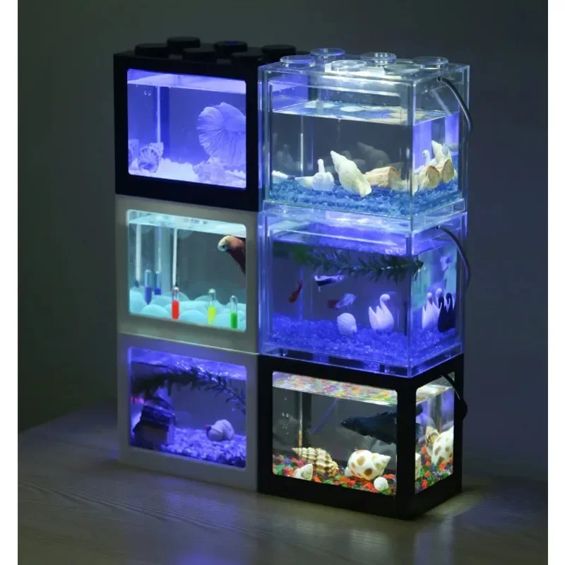 1L USB LED Desktop Mini Aquarium Fish Tank Lamp Betta Fish Fighting Cylinder Decoration Small Creative Fish Tank Blocks Stacked