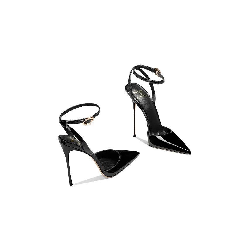 Black patent leather,sexy and high-end, ladies' comfortable sandals,autumn new style,pointed and slim heels,high heels for women