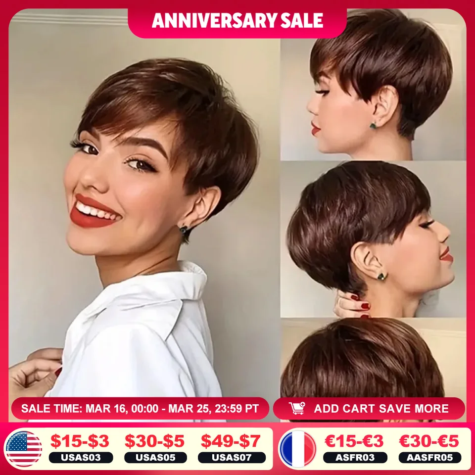 1B Pixie Short Cut Colored Straight Human Hair Wigs With Bangs Fringe Full Machine Made Wigs For Women Brazilian Natural Black