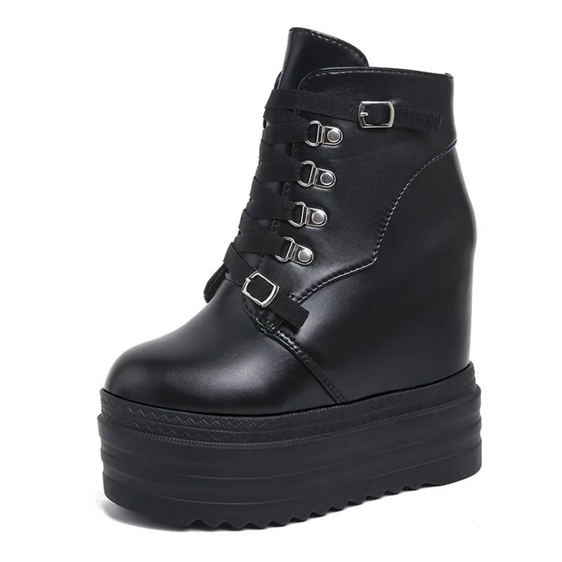 New Fashion Brand Designer Punk Style Women 12CM Platform Wedges Boots Autumn Soft Leather Female Lace Up High Heel Gothic Shoes