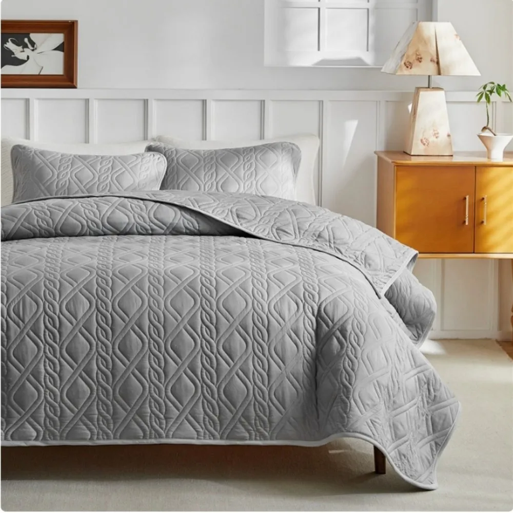 New Solid Quilted Bedspread Set Diamond Grid Pattern Soft Polyester Thick Bed Cover+Pillowcase Plain Super King 3pcs