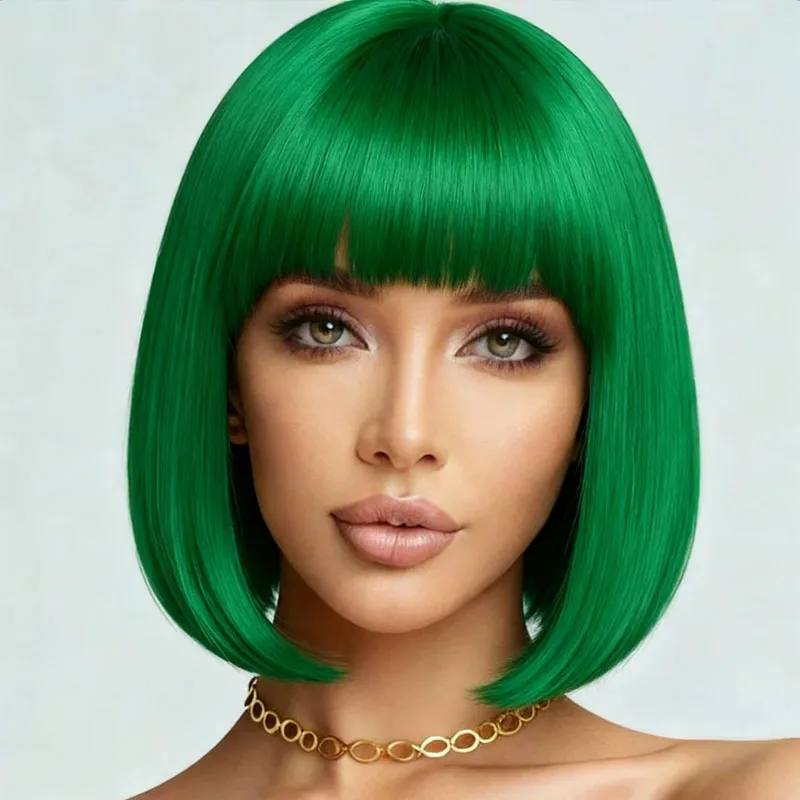 Women's 12 inch green wig, high-temperature synthetic, suitable for role-playing parties, daily fashion and versatility