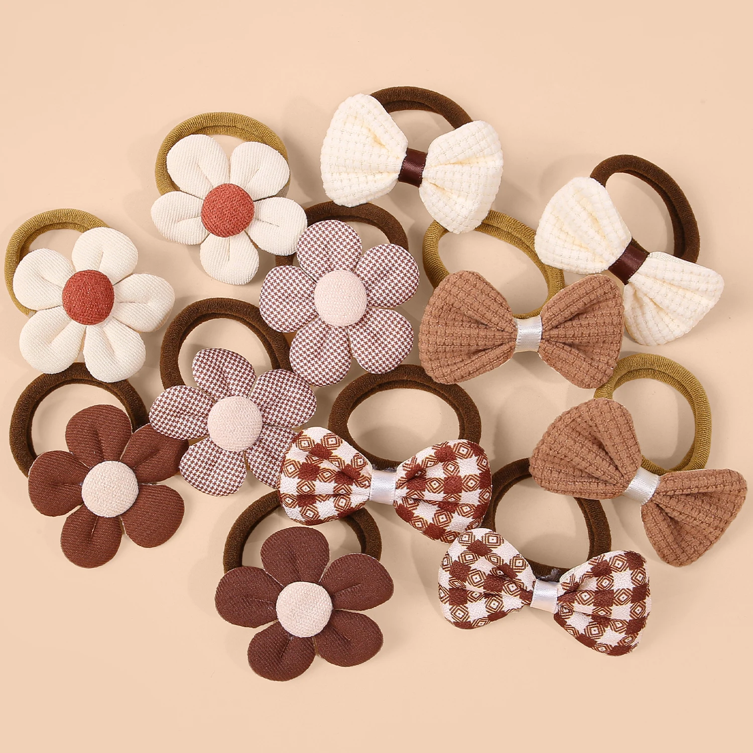 12/24pcs Coffee-colored fabric flower bow hair tie For Girls Cute Sweet Elastic Hair Bands For Kids Women Girls Hair Accessories