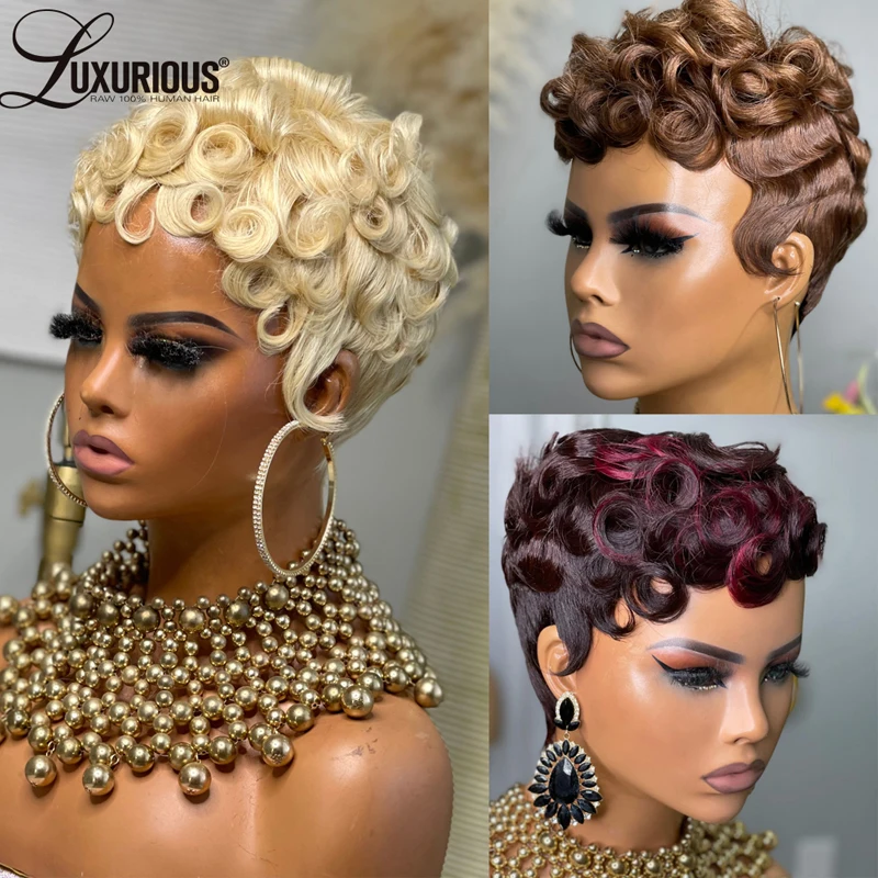 613 Blonde Wig Pixie Cut Human Hair Wig Short Bob Full Machine Made Wigs with Bangs Virgin Brazilian Wig for Women 180% Density