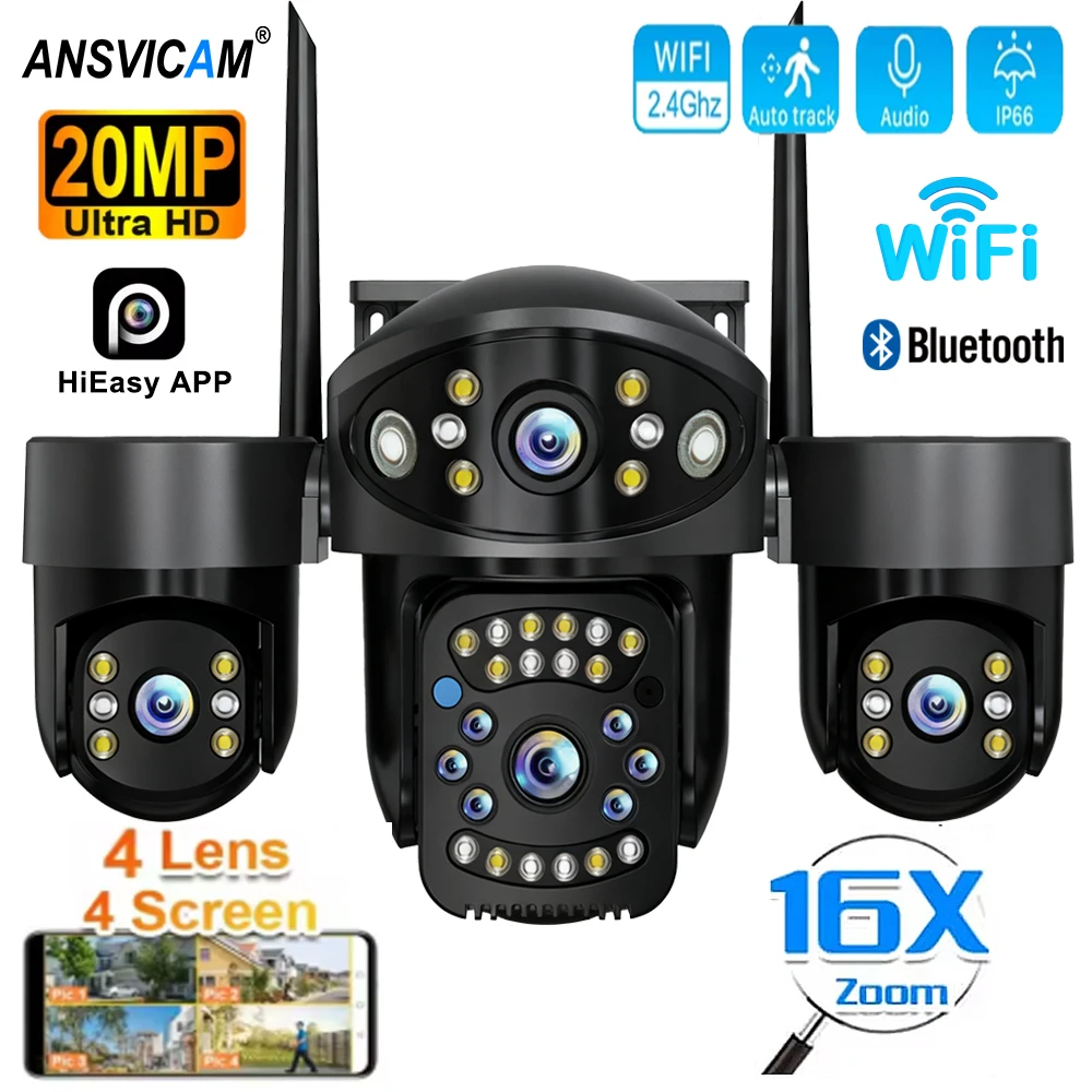 10K 20MP Outdoor WiFi Security Cam 4 Lens 4-Screen 360° PTZ 12X Zoom Auto Tracking Color Night IP66 Wireless CCTV Surveillance