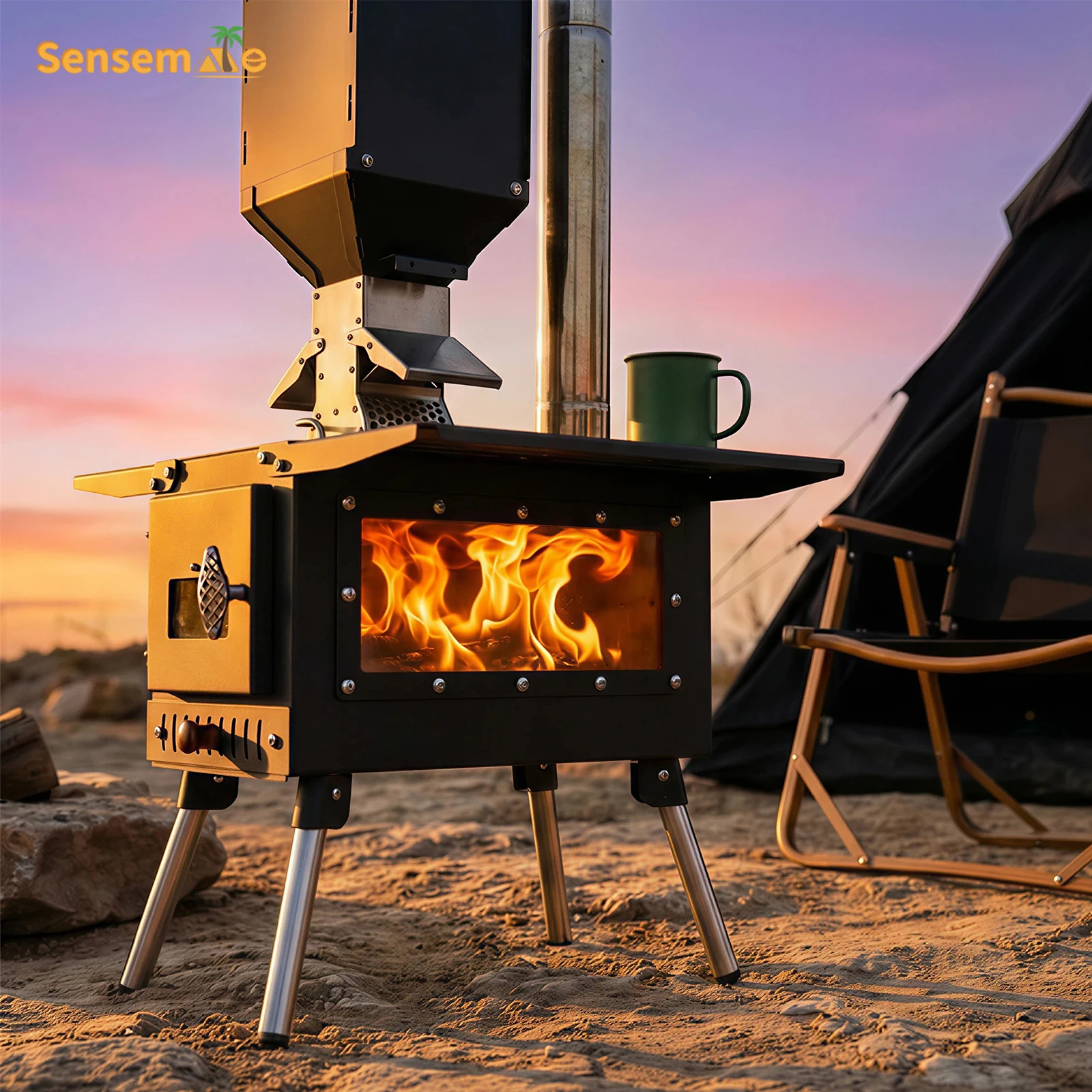 Pellet Stove Camping Stainless Steel Wood Burning Stove with Chimney Foldable Wood Burner Portable Outdoor Cooking Tent Heater