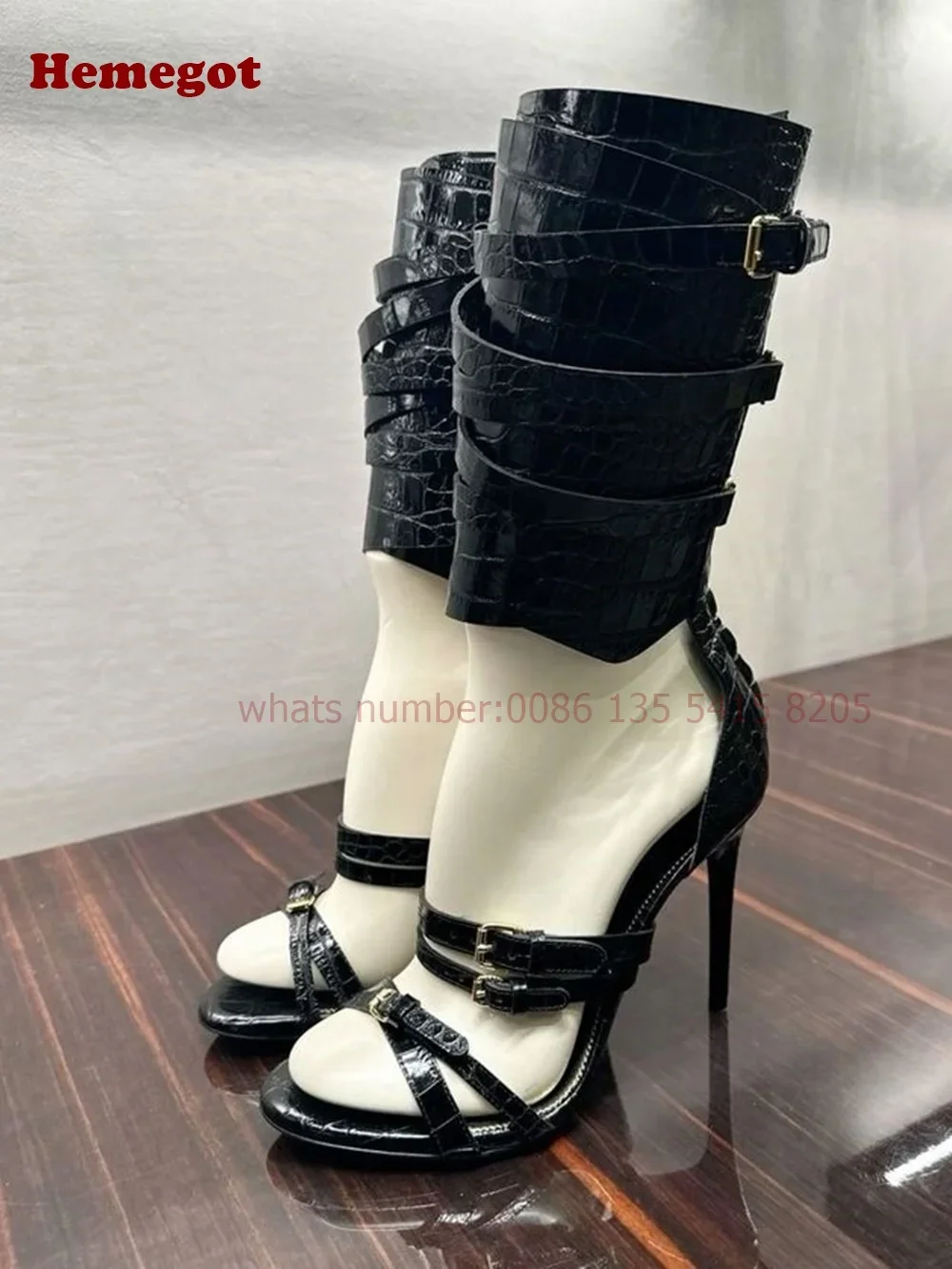 Women's Crocodie Gladiator Sandals Belt Buckle Stiletto Sexy High Heels Sandals Open Toe Black Sexy Shoes Solid Luxury Shoes